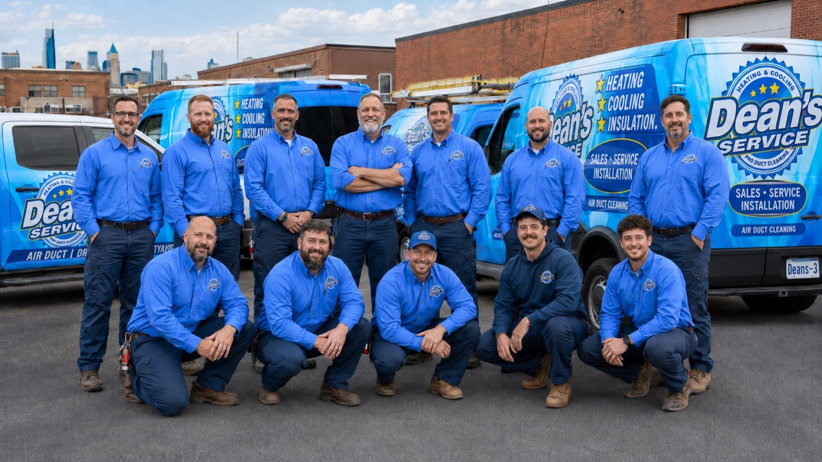 The Dean's Service team in branded uniforms in front of their fleet of company vans
