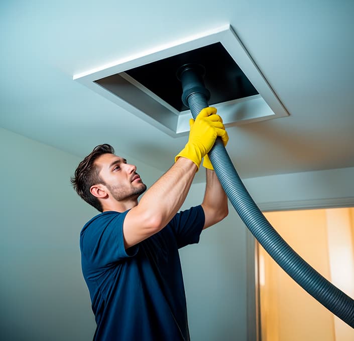 Technician cleaning an air duct