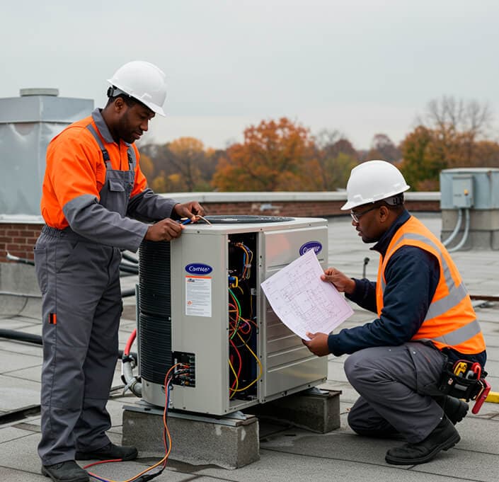 Experts installing a heat pump
